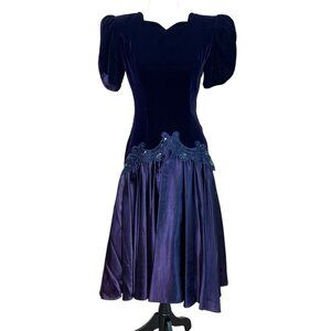 Vintage 80s Karen Lucas Niki Navy Velvet Satin Dress Rhinestone Bow Petite Small